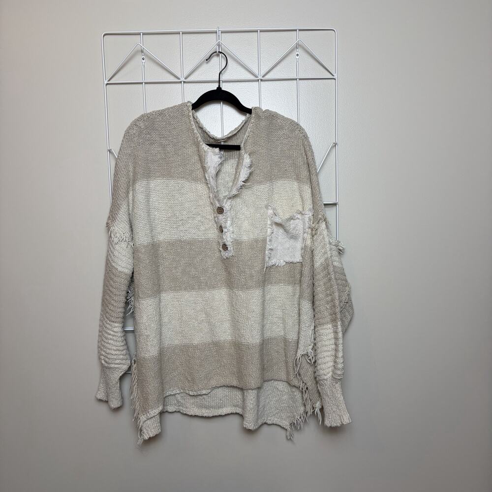 Free People Size M Road Trip Henley Sweater Oversized Striped Distressed Sweater